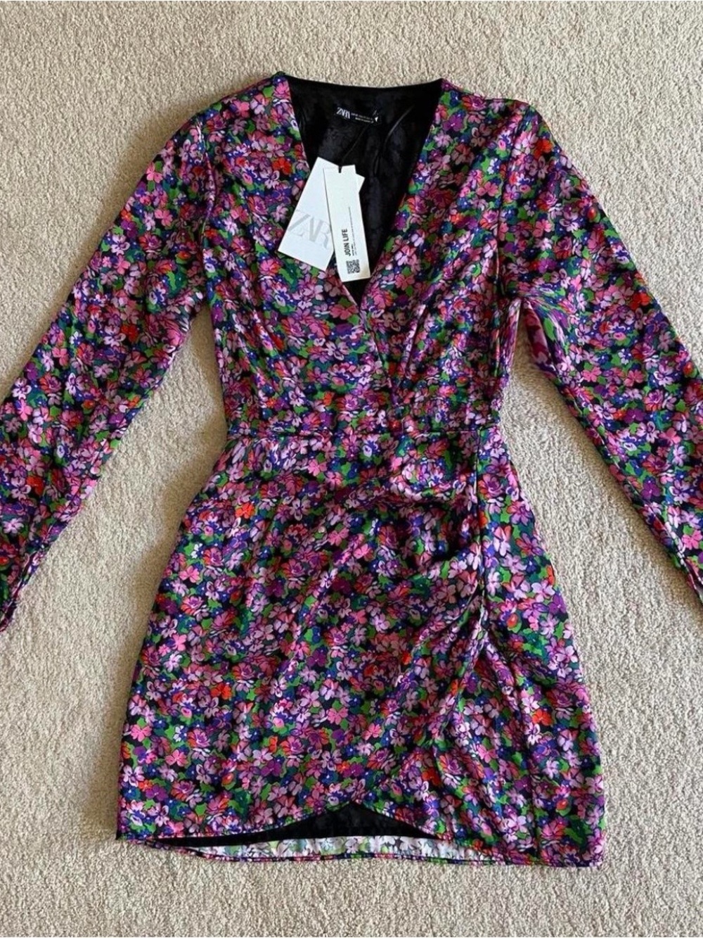 Zara Purple Floral Long-Sleeve Wrap Mini Dress